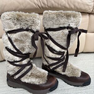 Merrell Katia Waterproof Opti-Warm Brown and Cream Faux Fur Lace-Up Boots